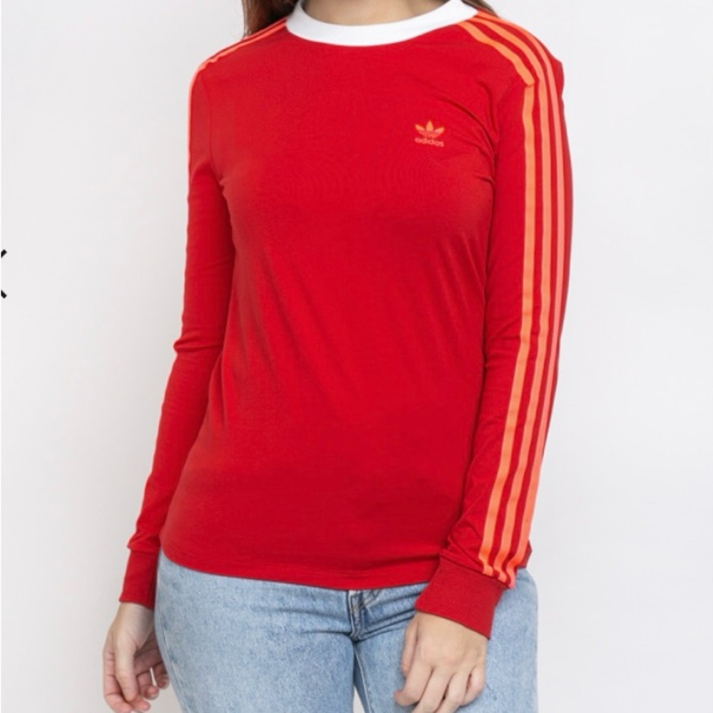 Adidas women’s red long sleeve tee 3-stripes